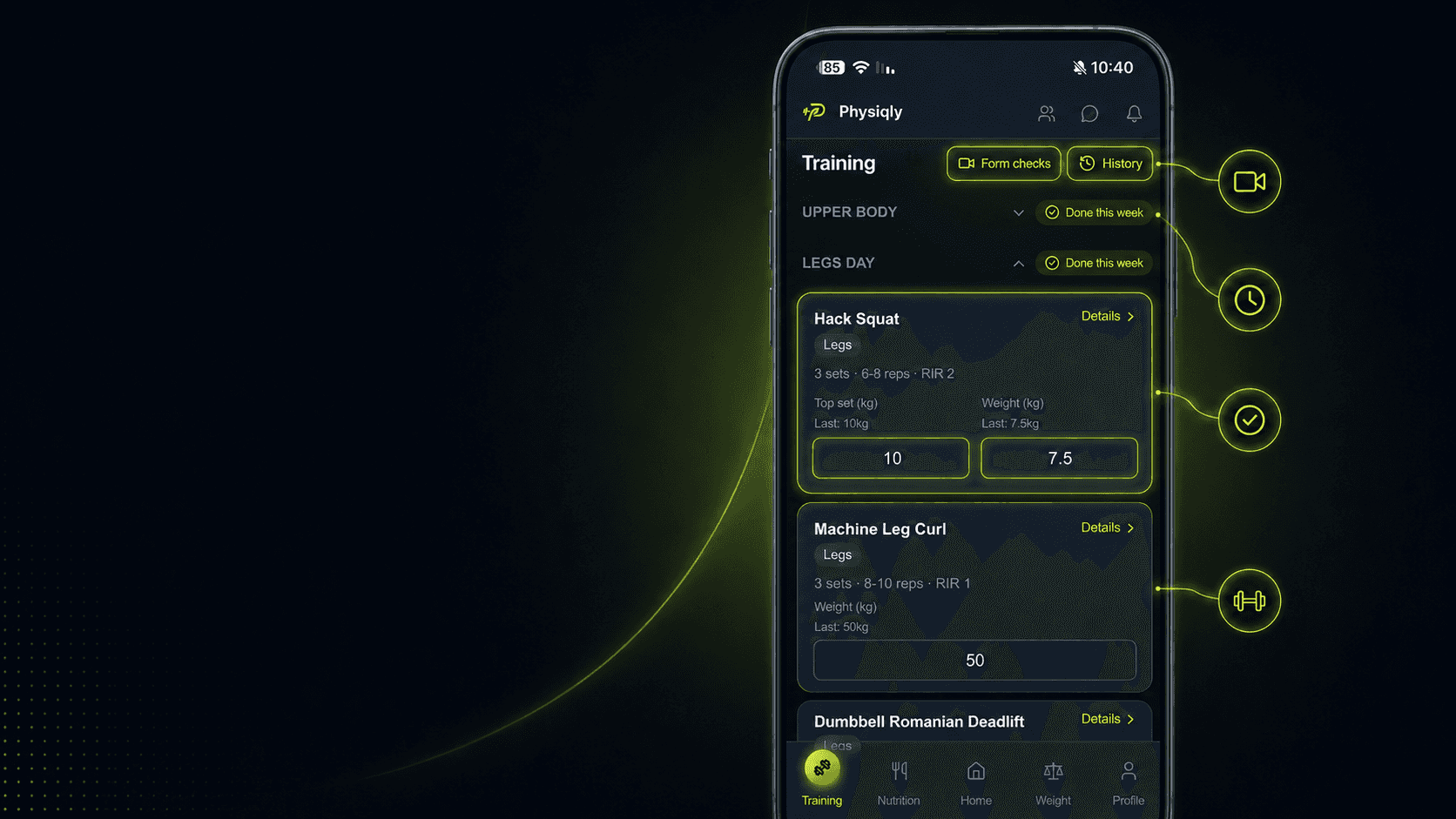 Training log screen in Physiqly