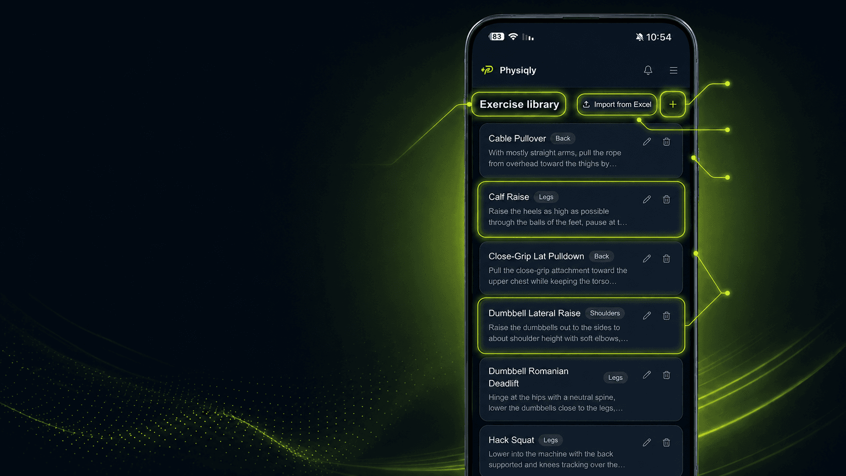 Exercise library screen in Physiqly
