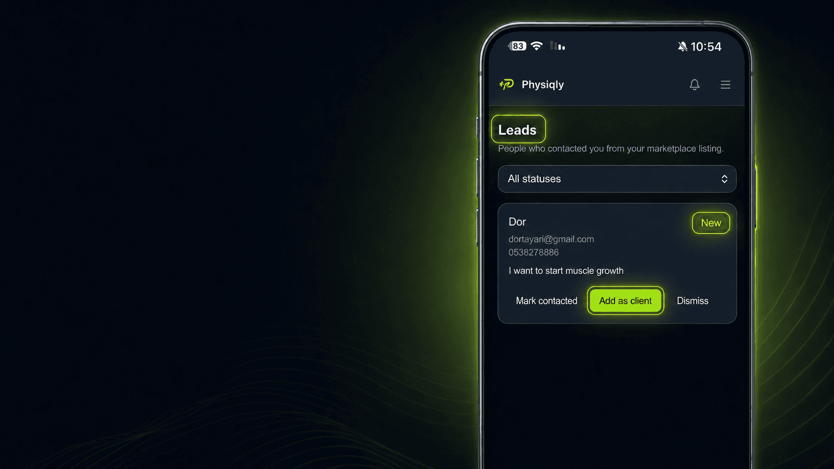 Trainer leads inbox screen in Physiqly